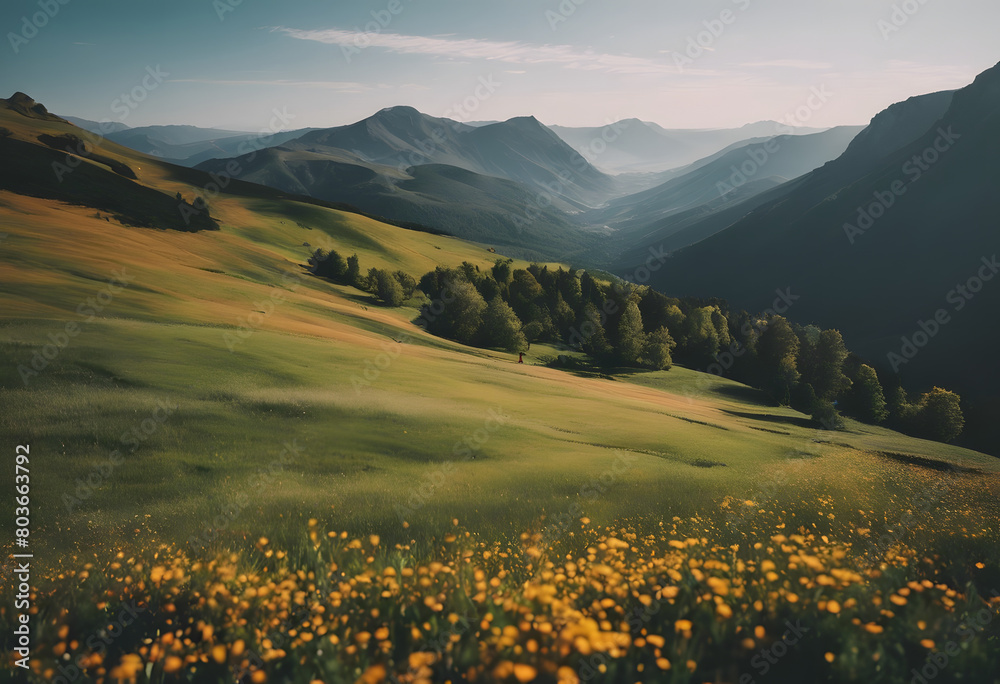 A serene landscape featuring rolling hills covered in green grass and yellow flowers, with distant mountains under a clear sky. Mountain Day.