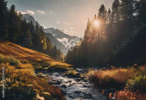 Sunrise over a mountainous landscape with a flowing river, surrounded by lush greenery and illuminated by warm sunlight. Mountain Day.