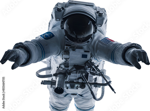 Floating astronaut holding a camera, looking at camera