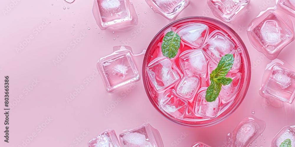 pink soda with ice cubes in a glass, with a mint leaf garnish on a pastel background, generative AI pink soda with ice cubes in a glass, with a mint leaf garnish on a pastel background, generative AI