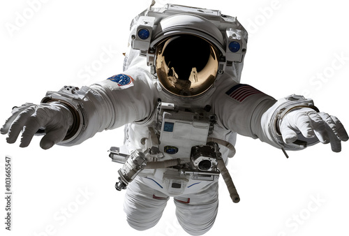 Floating astronaut holding a camera, looking at camera