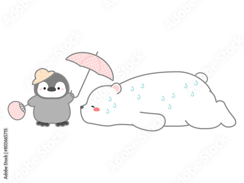 熱中症の予防や対策に関するベクターイラスト、暑さでっ倒れたシロクマを気遣うペンギン