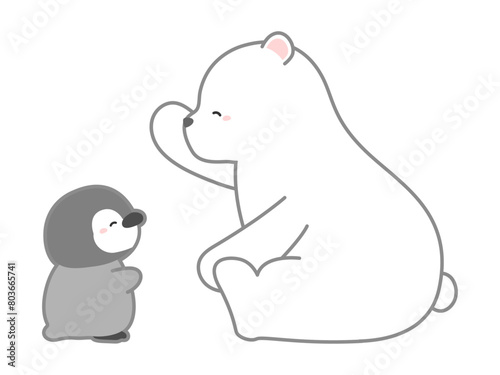 熱中症の予防や対策に関するベクターイラスト、体調を気遣い声をかけあうシロクマとペンギン