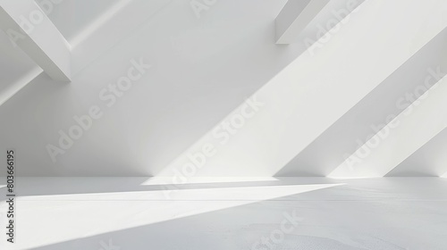 Minimalist white room with geometric shadows and light