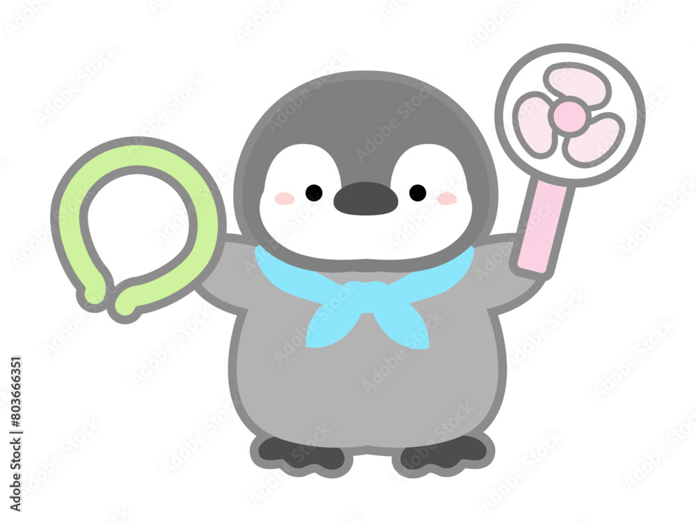 熱中症の予防や対策に関するベクターイラスト、ネッククーラーとミニ扇風機をもつペンギン 熱中症の予防や対策に関するベクターイラスト、ネッククーラーとミニ扇風機をもつペンギン