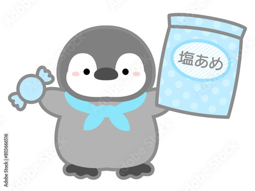 熱中症の予防や対策に関するベクターイラスト、塩分補給の飴を持つペンギン