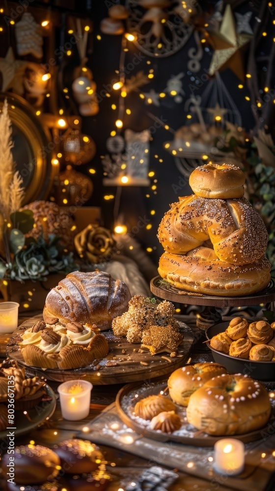 A whimsical bakery setting featuring fantasy-inspired bread shaped like various mythical creatures
