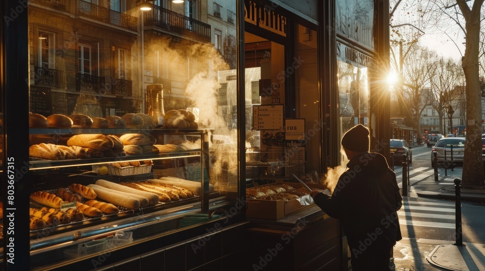 A vignette of a Parisian bakery at sunrise with the baker arranging baguettes and brioches in the window