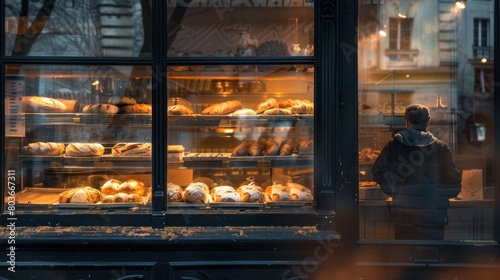 A vignette of a Parisian bakery at sunrise with the baker arranging baguettes and brioches in the window photo