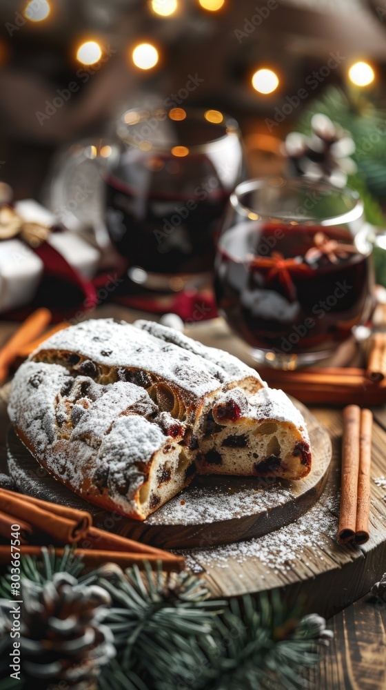 A festive holiday table featuring a stollen bread dusted with powdered sugar A festive holiday table featuring a stollen bread dusted with powdered sugar