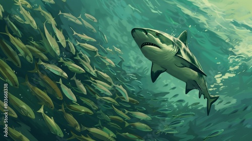 Reef shark moves through a shoal of fish hunting. fish. Illustrations photo