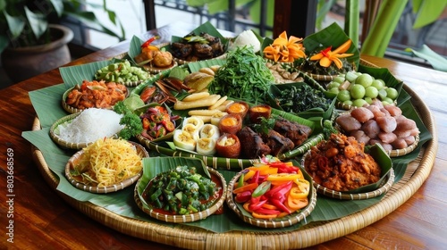 a colorful assortment of food items arranged on a wooden table, including an orange flower, a wicke