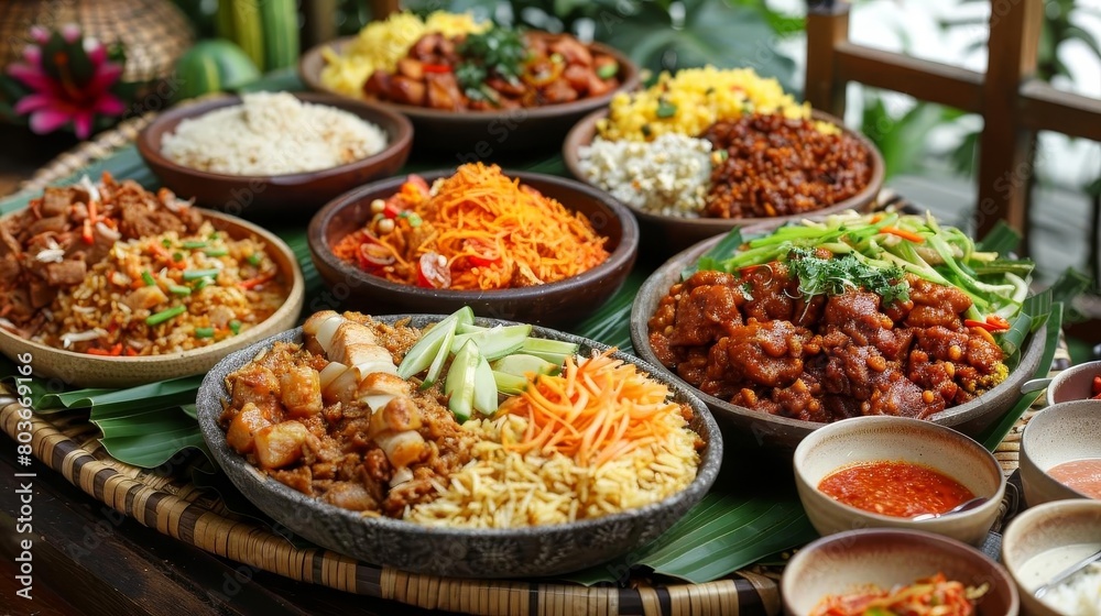 a table adorned with a variety of bowls filled with various foods, including white rice, brown and