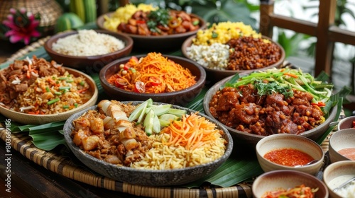 a table adorned with a variety of bowls filled with various foods, including white rice, brown and © YOGI C