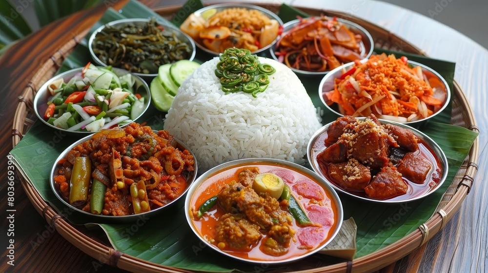 a basket filled with a variety of food items including white rice, sliced cucumber, and various bow a basket filled with a variety of food items including white rice, sliced cucumber, and various bow