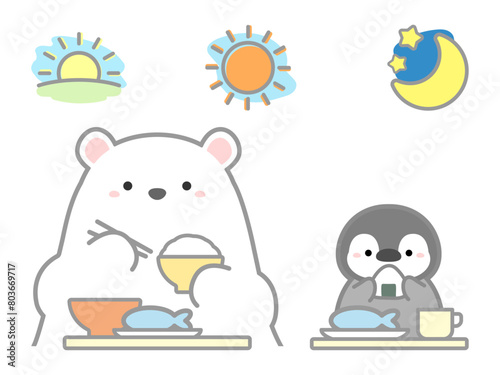 熱中症の予防や注意喚起のための挿し絵イラスト、ベクターイラストの素材、規則正しい食事のイメージ