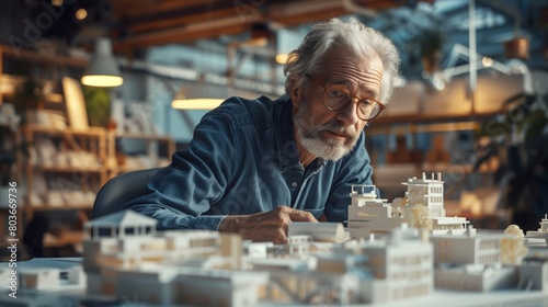 Elderly architect examining architectural models in design studio