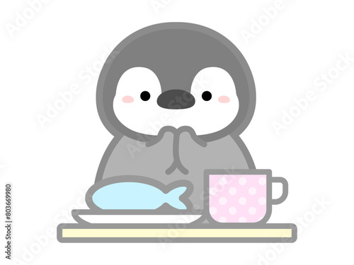 食事をするペンギン、給食の時間の様子を書いたベクターイラスト03