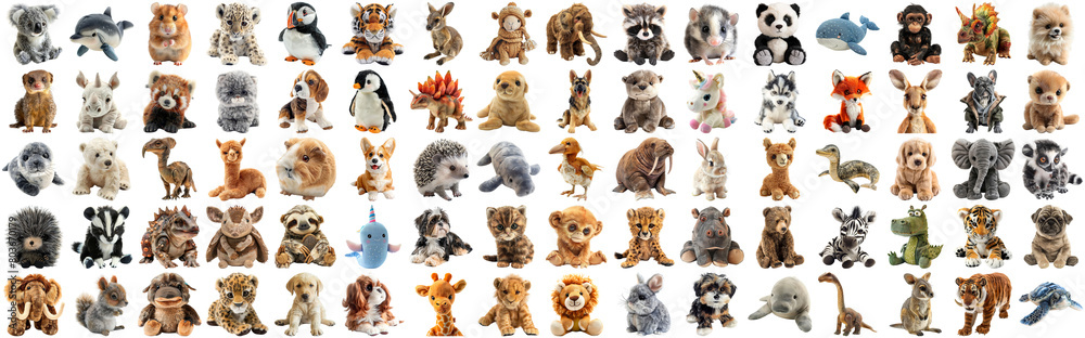 Big set of cute fluffy animal dolls for nursery and children toys, many animal plush dolls photo collection set, isolated background AIG44