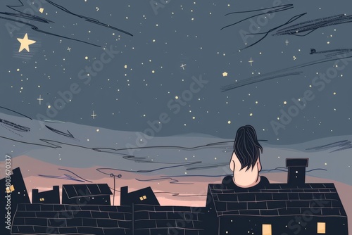Cartoon cute doodles of an emo person sitting on a rooftop at night, stargazing and contemplating the mysteries of the universe, Generative AI