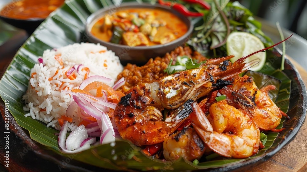 a plate of shrimp, rice, and vegetables is presented on a wooden table, accompanied by a silver bow a plate of shrimp, rice, and vegetables is presented on a wooden table, accompanied by a silver bow