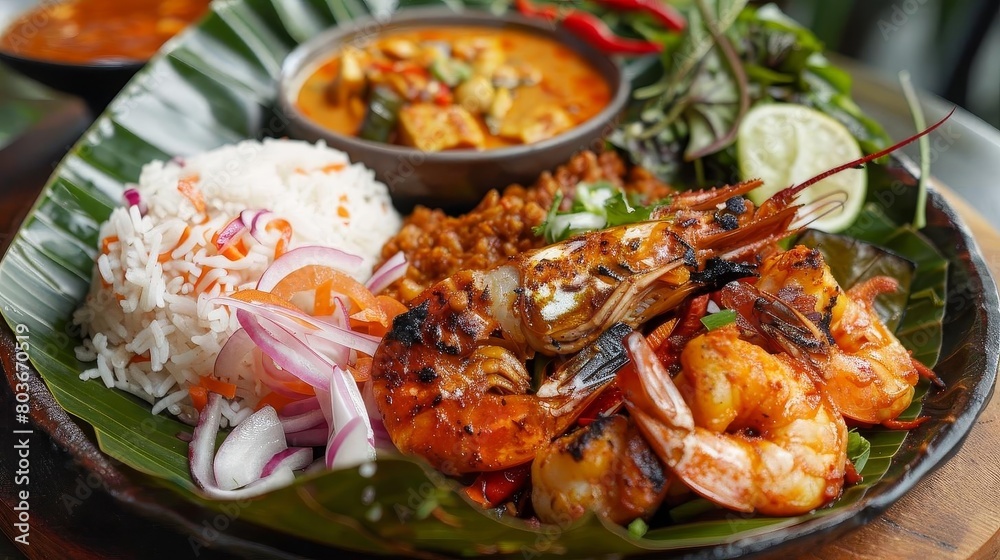 a plate of shrimp, rice, and vegetables is presented on a wooden table, accompanied by a silver bow