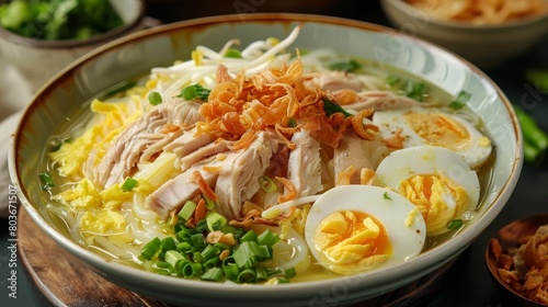 a bowl of chicken noodle soup topped with fried and white eggs, served in a white bowl