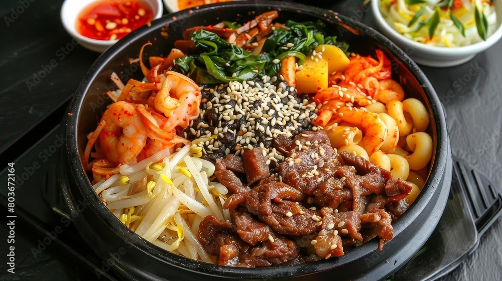 a bowl of noodles, meat, and vegetables is served on a black table, accompanied by a silver fork an