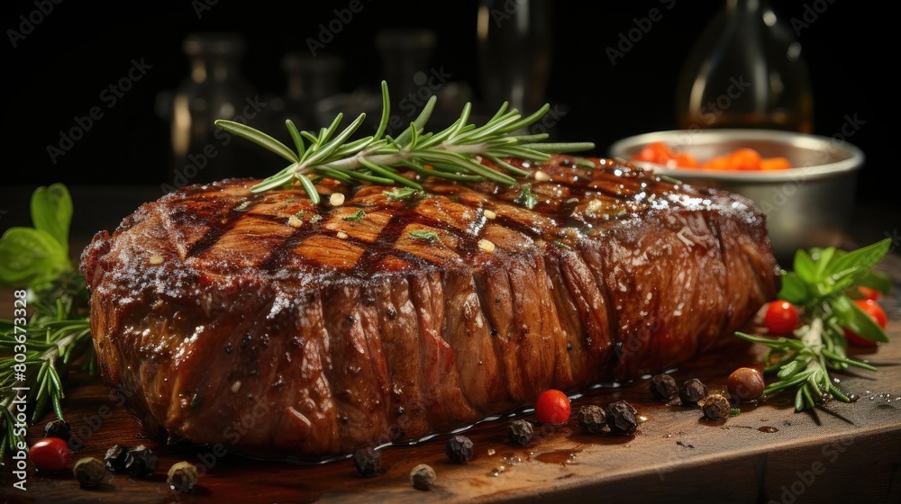 Grilled steak with melted barbeque sauce on a black and blurry background Grilled steak with melted barbeque sauce on a black and blurry background
