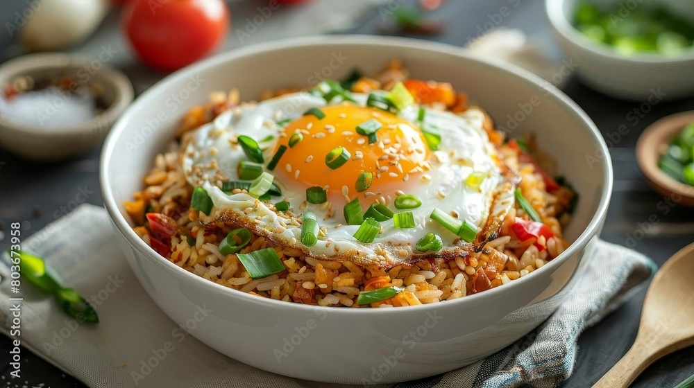 a bowl of rice topped with a fried egg and a red tomato, served with a wooden spoon