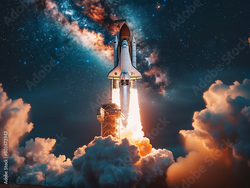 A space shuttle launch against the backdrop of stars and clouds