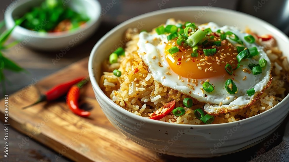a bowl of rice topped with a fried egg and a red pepper, served on a wooden table with a white bowl