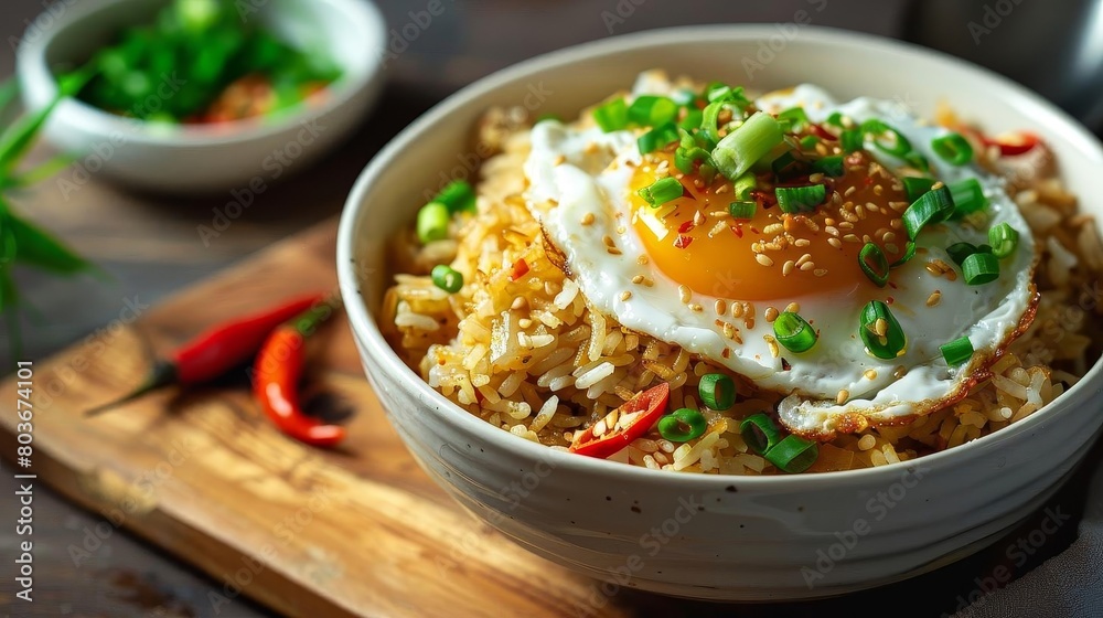 a bowl of rice topped with a fried egg and a red pepper, served on a wooden table with a white bowl a bowl of rice topped with a fried egg and a red pepper, served on a wooden table with a white bowl