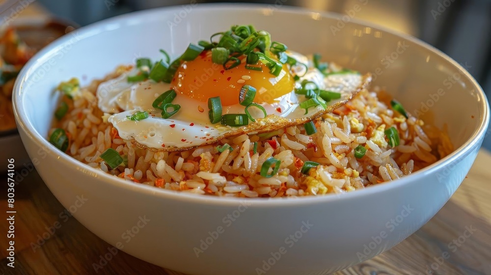 a white bowl filled with rice and a fried egg sits on a wooden table a white bowl filled with rice and a fried egg sits on a wooden table