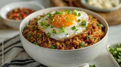 a white bowl filled with rice and a fried egg sits on a transparent background, accompanied by a wh