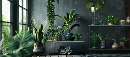 A close up view of various plants arranged on a shelf, with a potted plant standing out among them