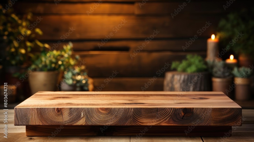 Wood podium product stand or display with cinematic light and cinematic background