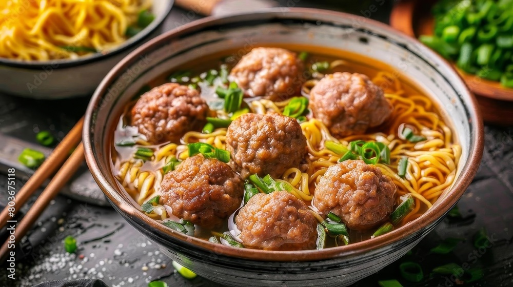 a bowl of meatballs and noodles with chopsticks on a wooden table