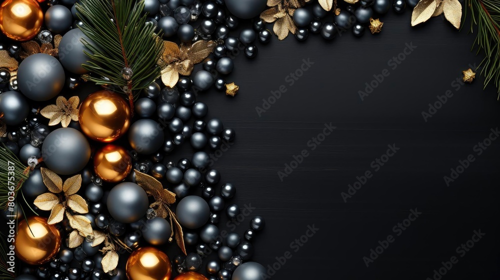 Top view of Christmas decorations with light bulb ornaments and plants Top view of Christmas decorations with light bulb ornaments and plants