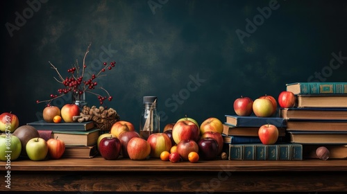 pile of books  stationery and apples on a wooden table with a minimalist background