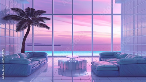 photo of interior design, a large glass window with an ocean view at sunset, a blue and pink color scheme with pastel colors