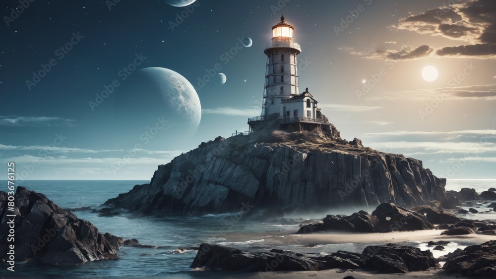 A lone white lighthouse stands guard on the rocky coastline, its powerful beam cutting through the night sky to guide ships at sea