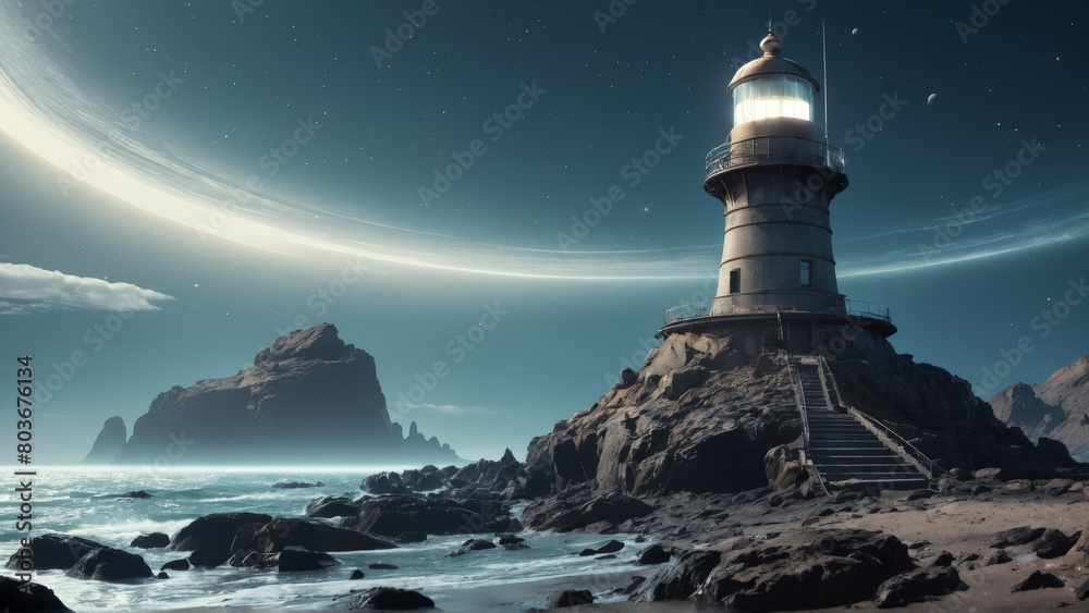 A lone white lighthouse stands guard on the rocky coastline, its powerful beam cutting through the night sky to guide ships at sea