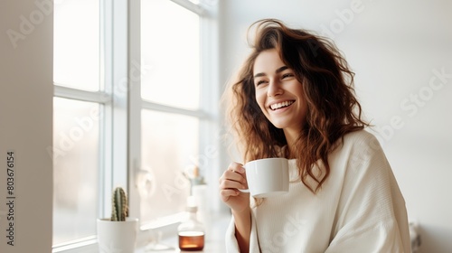A happy women drinking hot cocoa from glass mug in white kitchen