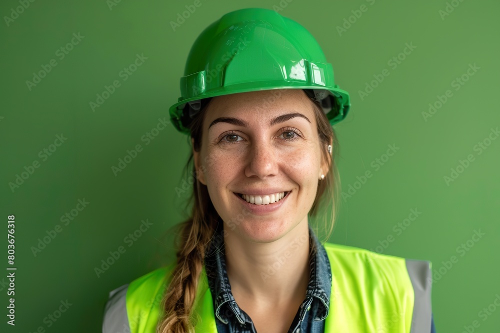 close-up portrait of Smiling female engineer with safety helmet and vest on plain background close-up portrait of Smiling female engineer with safety helmet and vest on plain background