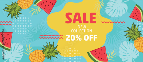 Summer sale banner. Promotional material vector illustration. Design for ad, social media banner, brochure, email, flyer, leaflet, newsletter, placard, poster. 