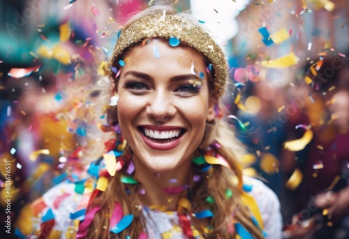'smile street Woman sparkles portrait confetti streamers parade carnival happy colorful african american colourful festive holiday celebration person'