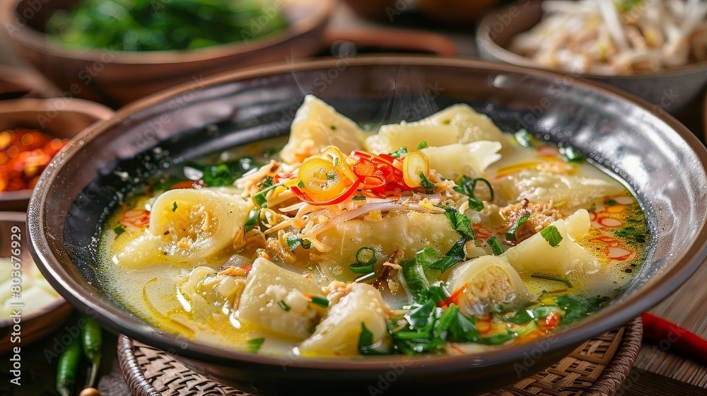a bowl of noodles and vegetables sits on a wooden table, accompanied by a brown bowl and a white bo a bowl of noodles and vegetables sits on a wooden table, accompanied by a brown bowl and a white bo