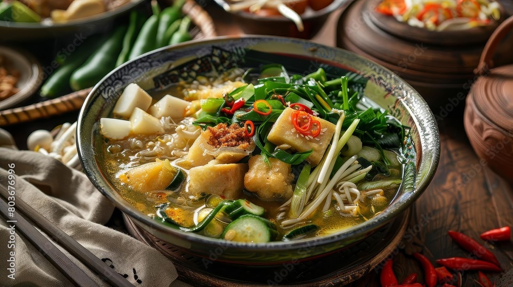 a bowl of vegetable soup with chopsticks on a wooden table, accompanied by a red pepper and a brown a bowl of vegetable soup with chopsticks on a wooden table, accompanied by a red pepper and a brown