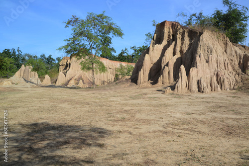 Sao Din Na Noi topography is formed from weathering and erosionare sedimentary patches that look like steep cliffs, bars, cones, recesses, and pointed peaks, emerging from the ground on an open field.